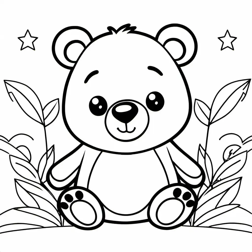 A cute bear, Coloring Page, black and white, line art, white background, Simplicity, Ample White Space. The background of the coloring page is plain white to make it easy for young children to color within the lines. The outlines of all the subjects are easy to distinguish, making it simple for kids to color without too much difficulty