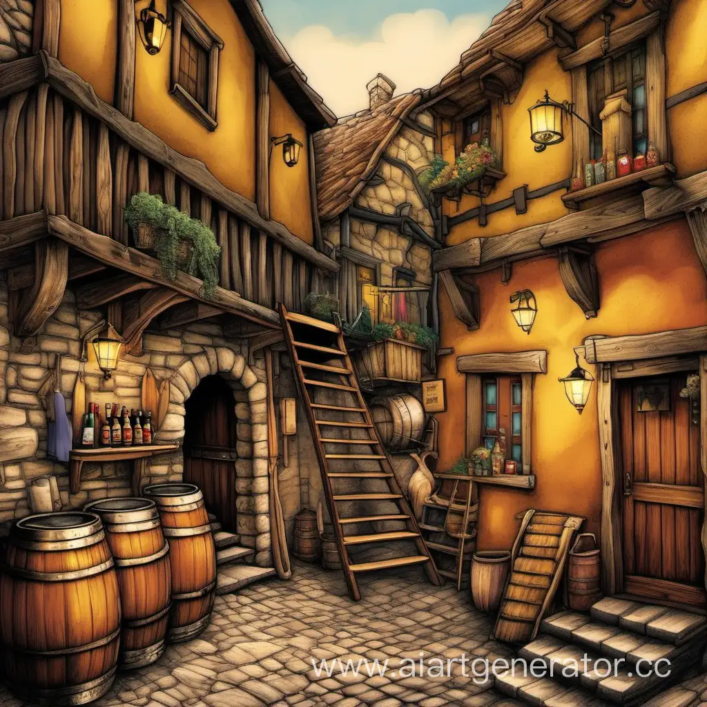 Colorful-Tavern-Scene-with-Guard-and-Ladder