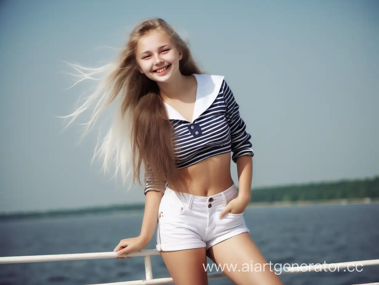 Русская молодая девушка 18 лет морячка, Сексуальная тельняшка, длинные распущенные волосы, милая улыбка, Белые в обтяжку шорты с высокой талией. 