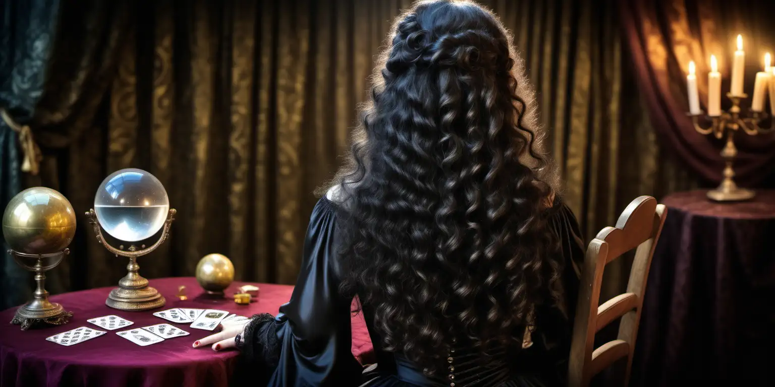 looking at the back of a victorian era gypsy clairvoyant lady, she has long dark curly hair, she is wearing a beautiful black satin long dress  . She is  sitting on a chair facing away , she has small tarot cards on the table & a crystal ball 
