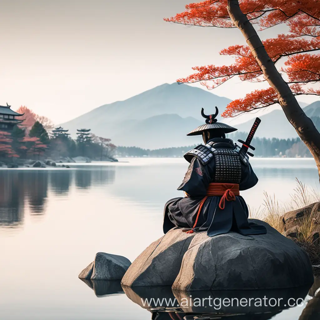 Самурай сидящий на камне у озера с закрытым лицом