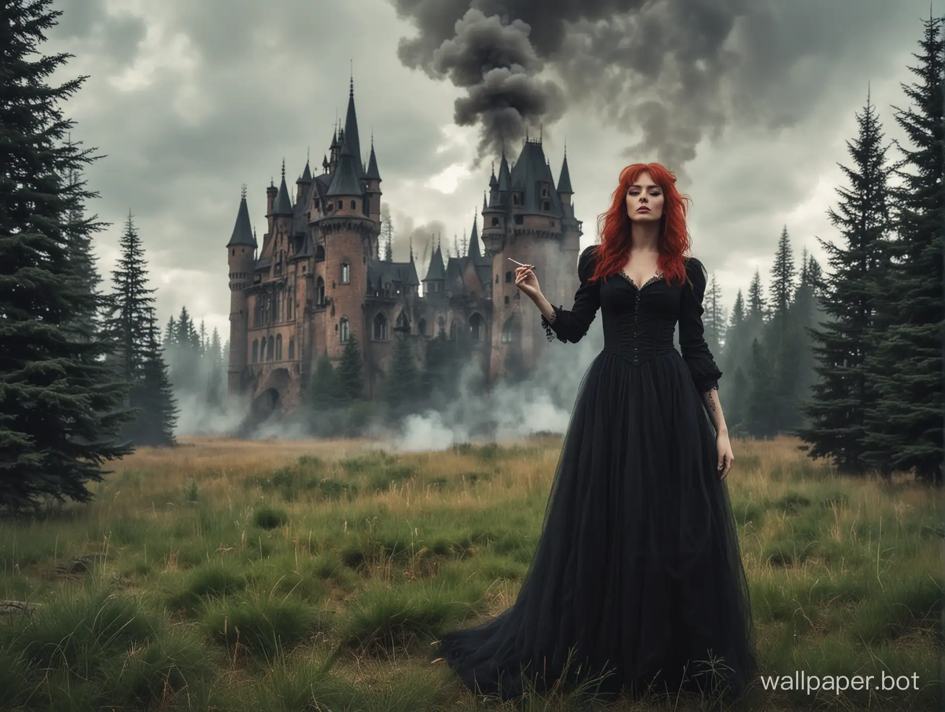 темная ведьма близко стоит около старого темного заброшенного замка, вокруг много пушистых ёлок и много яркой зеленой травы, с сигаретой в руках в черном платье с красными волосами вокруг нее дым 