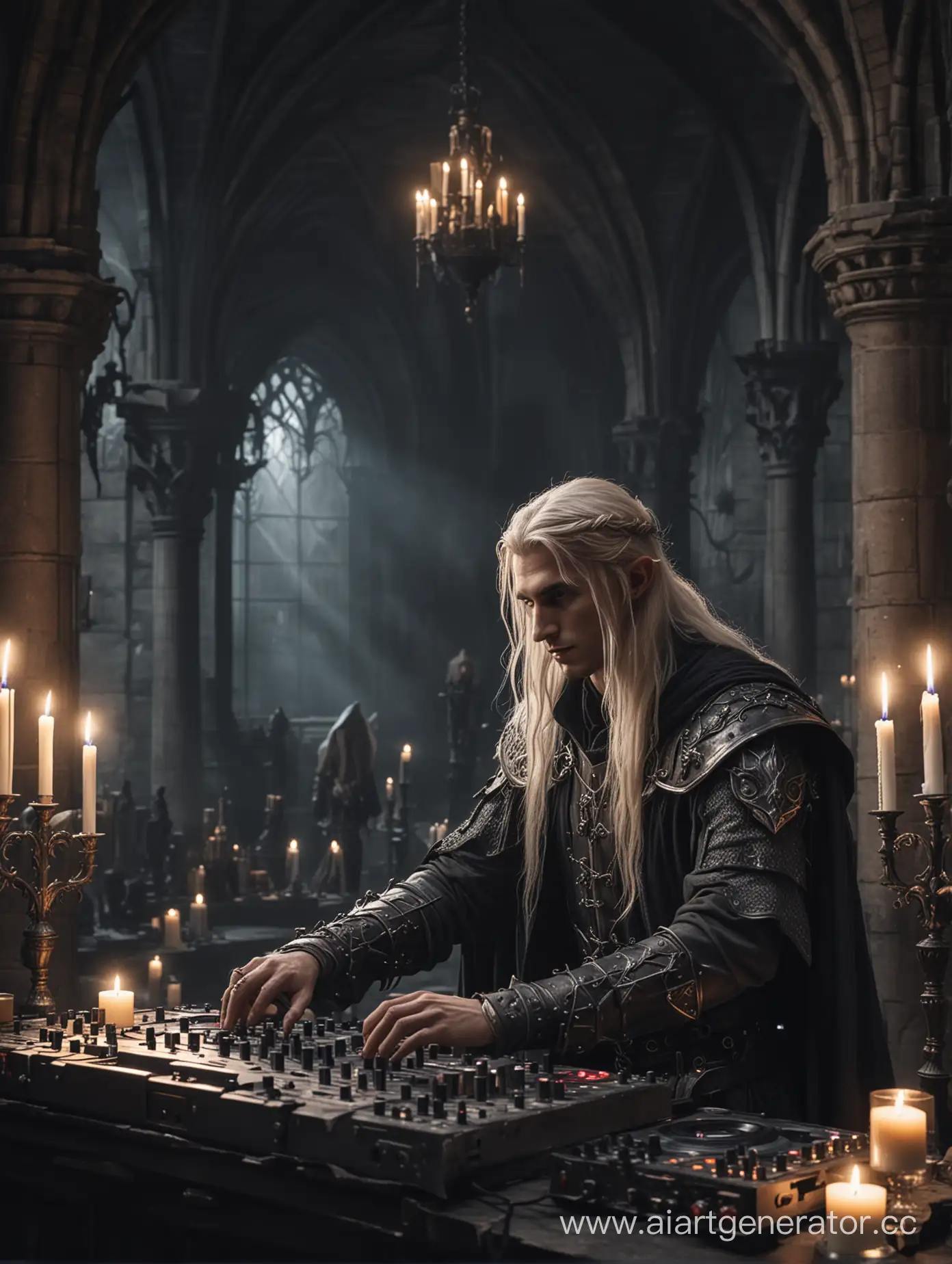 Elf-Knight-DJ-Performing-in-a-Gothic-Castle-at-Night
