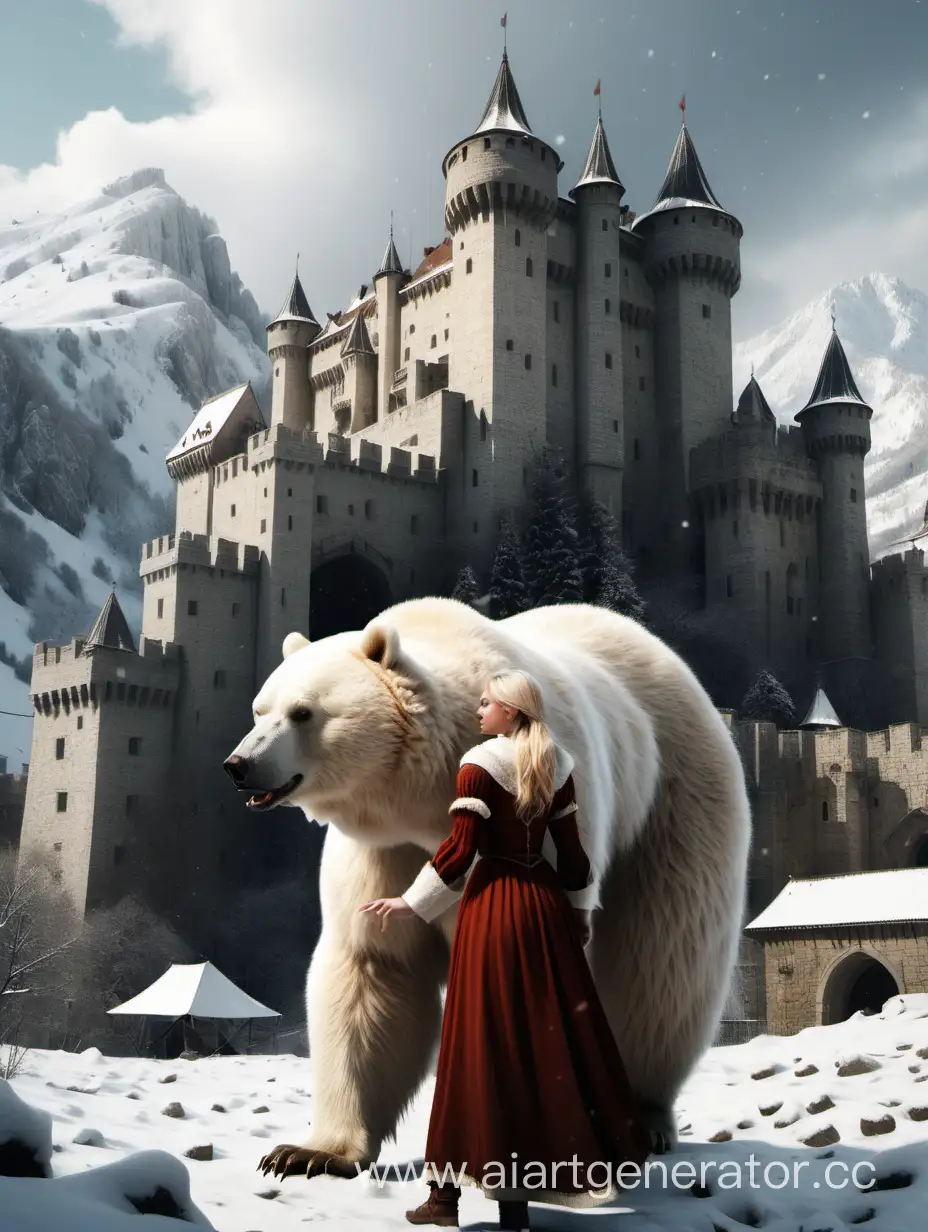 Белокурая девушка, рядом огромный белый медведь, средневековый замок, перспектива, много снега, горы