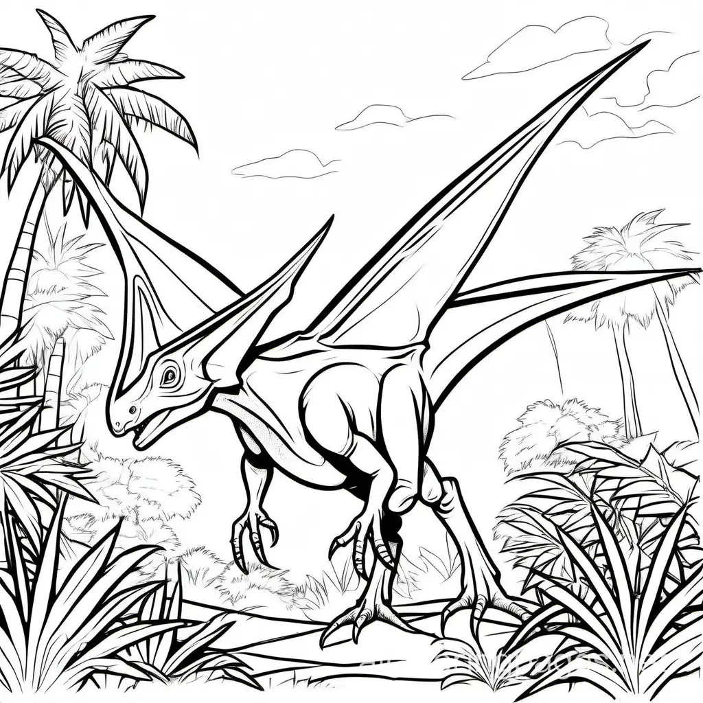 pteranodon jungle triceratops
, Coloring Page, black and white, line art, white background, Simplicity, Ample White Space. The background of the coloring page is plain white to make it easy for young children to color within the lines. The outlines of all the subjects are easy to distinguish, making it simple for kids to color without too much difficulty
