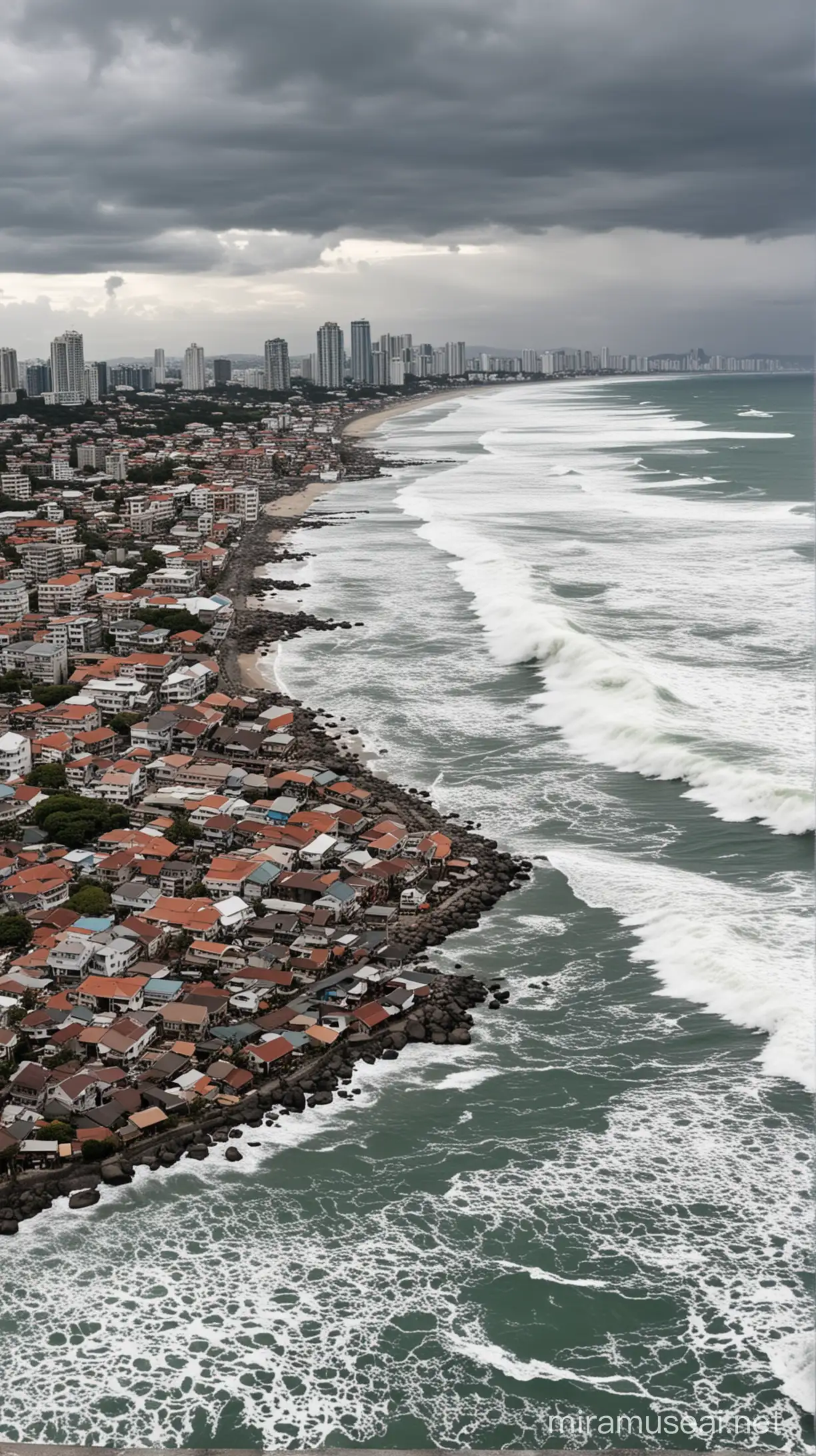 Coastal City Tsunami Waves Crashing In