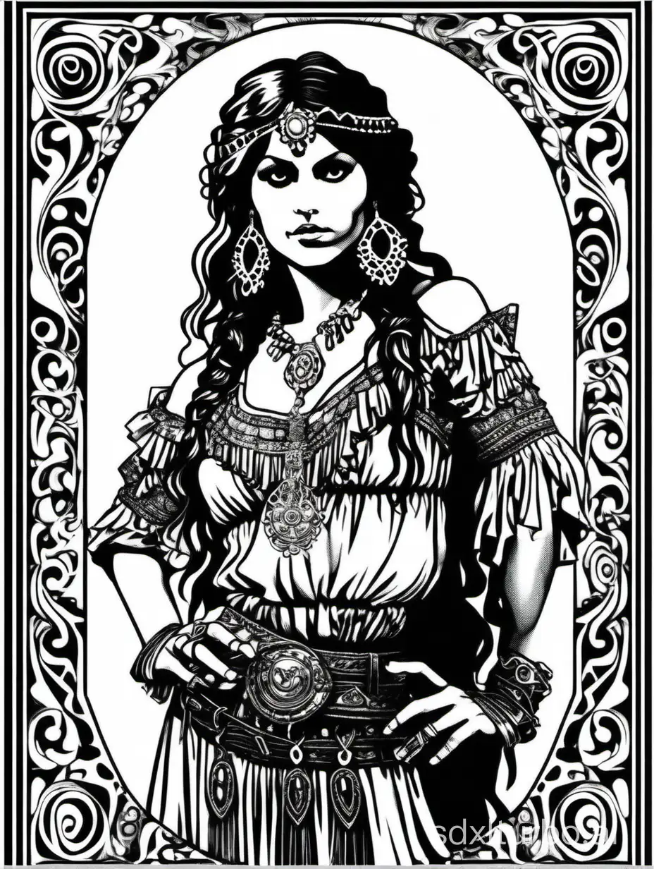 style of 1978 dungeons and dragons, plain white background, isolated on white, a beautiful gypsy dancer, 1bit bw, black border,