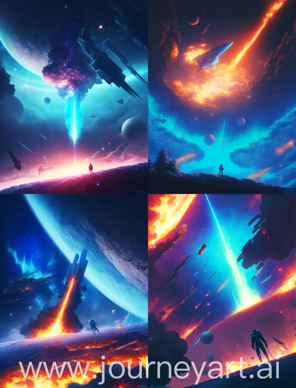 Space ship falling from the atmosphere and fire a man looking from a wide distance and see the whole sence the image has a color range of blues and realistic art