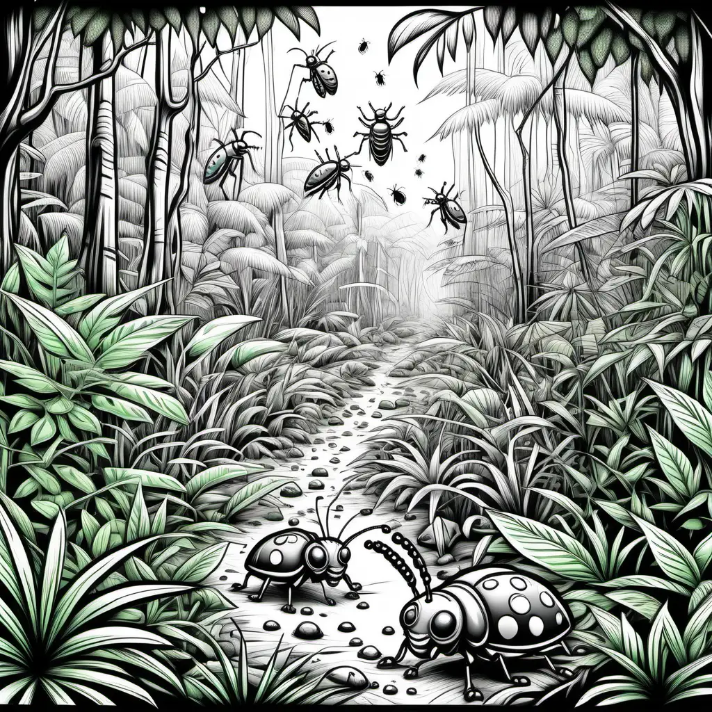 Enchanting Australian Rainforest with Green Bugs and Trees Kids Coloring Book