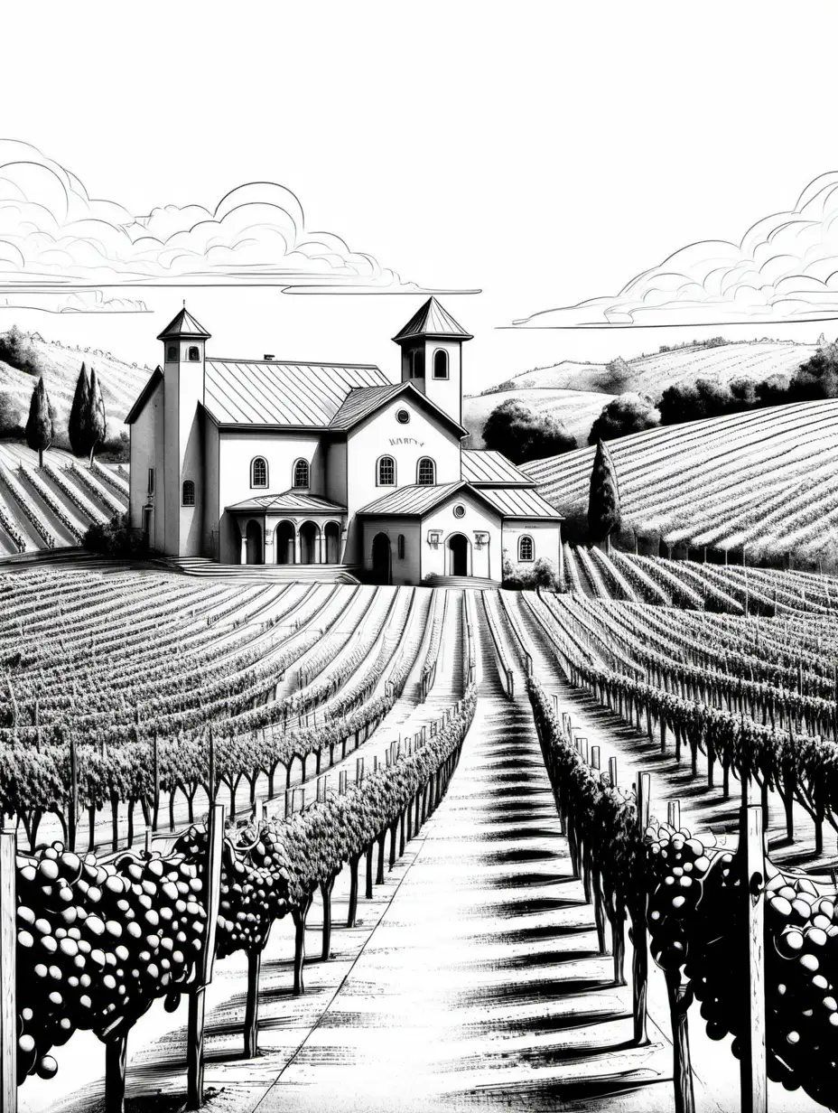 winery illustrated, black and white with white background