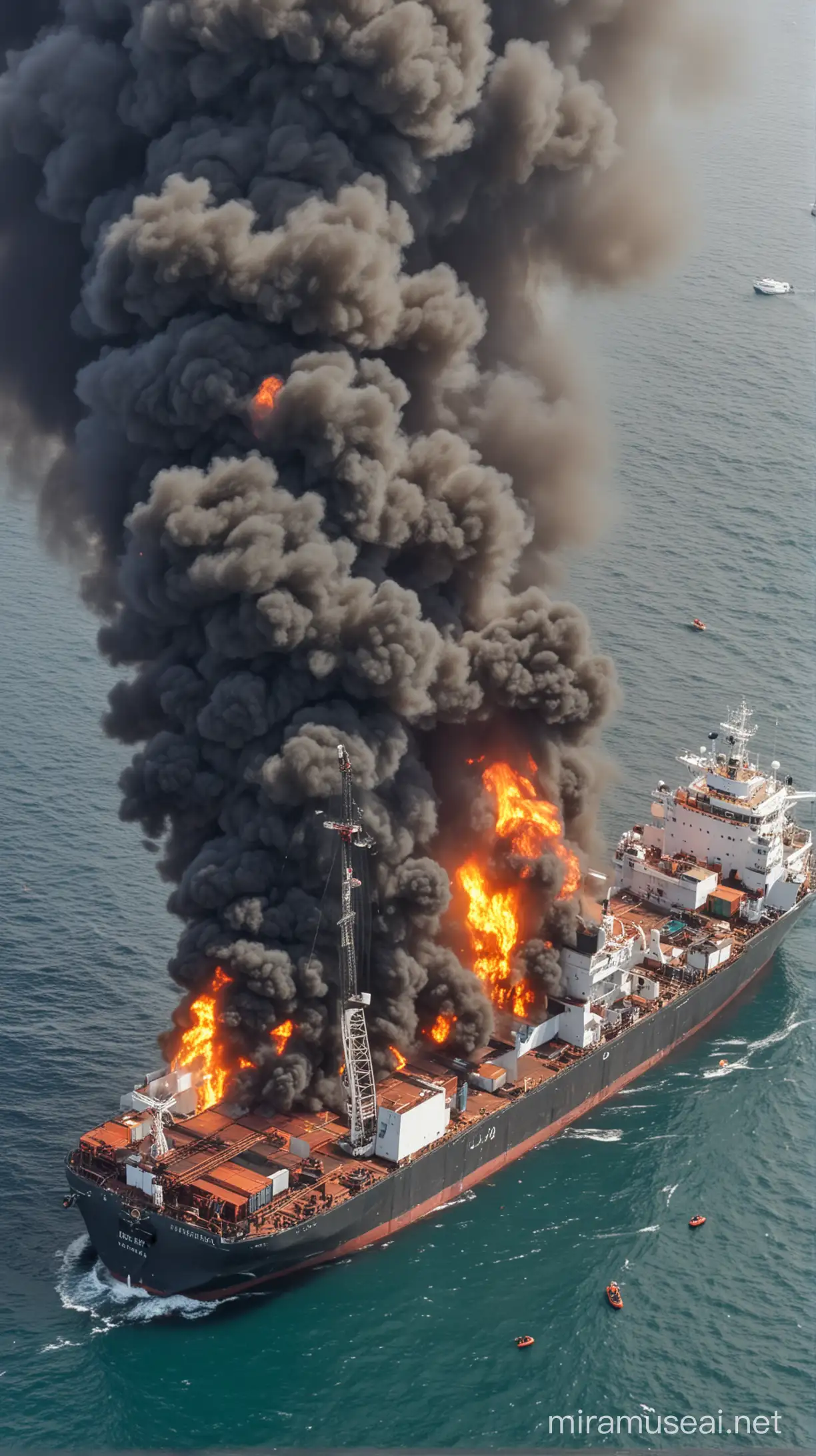Helicopters Pouring Water on Burning Cargo Ship