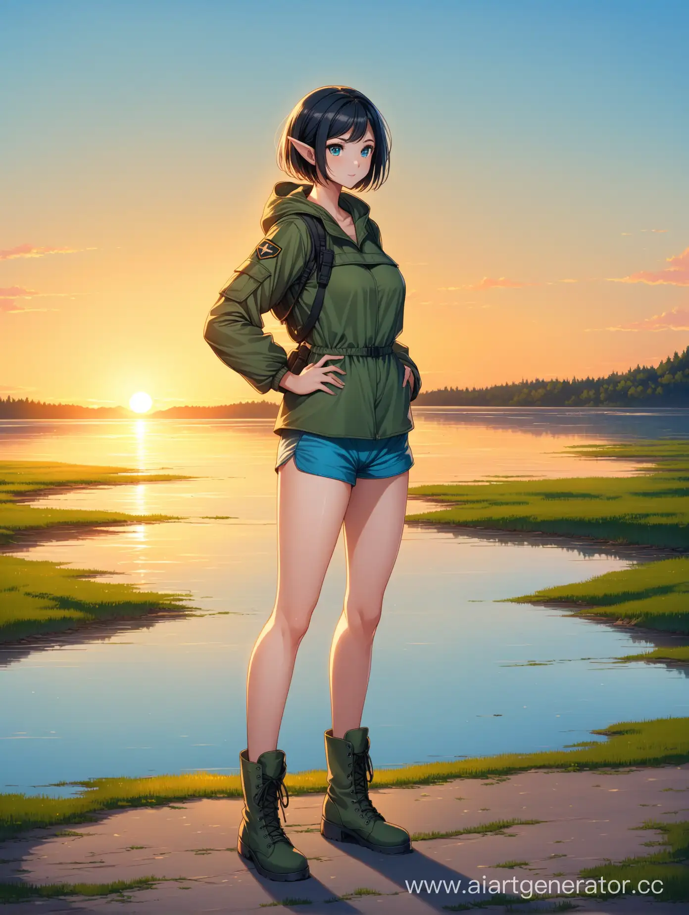 ElfEared-Girl-Standing-at-Abandoned-Lake-Shore-During-Sunset