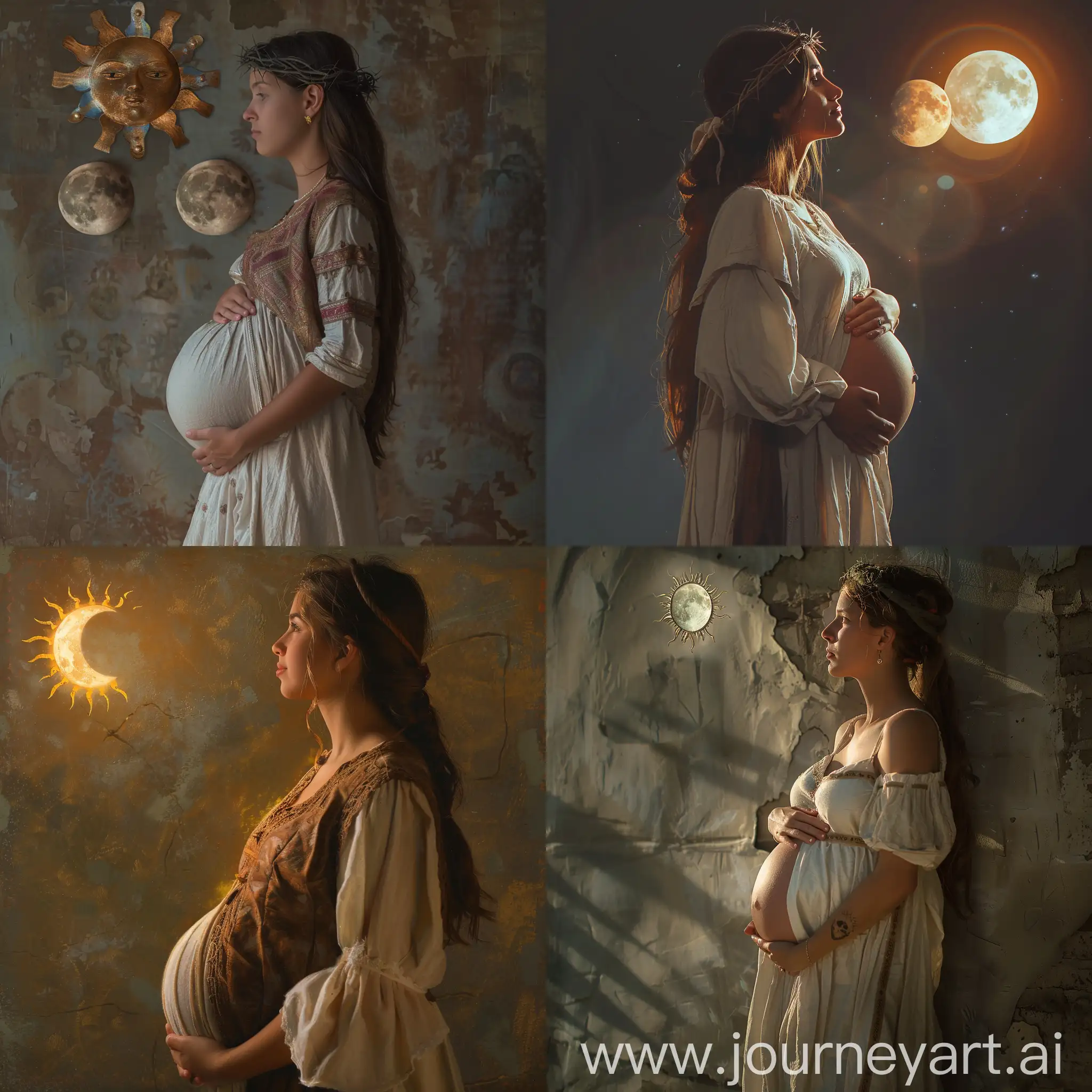 Faça uma mulher jovem com roupas da idade de Cristo, grávida, olhando para o sol e para a Lua