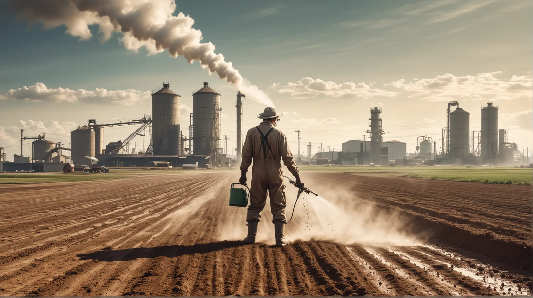 Surrealist Farmer Spraying Pesticides with Unhealthy Soil and Industrial Factory