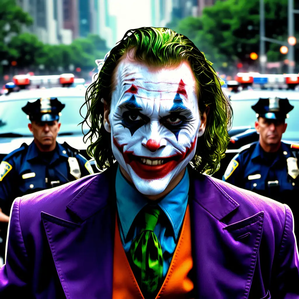 Joker Smiles Surrounded by Police Cars and Officers