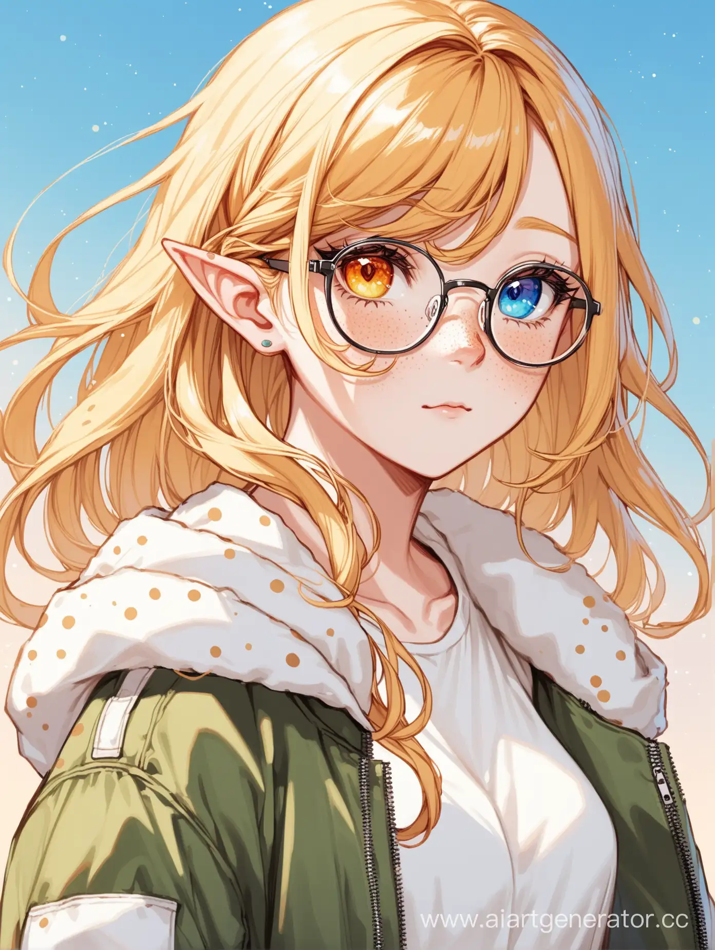 blonde elf in a white dress and a big bomber jacket, heterochromia, glasses, freckles