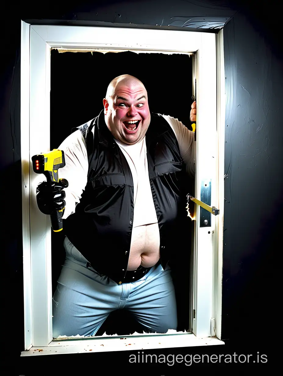 sneaky burglar, fat man, grinning, sexually aroused with a big hard dick bulge, nasty ugly pervert, full body, agile, dynamic, fit & strong, holding vibrating taser baton club, window gazing, black background, breaking through window or opening door, electrocuting automatic mace, penetration device, stocking mask,