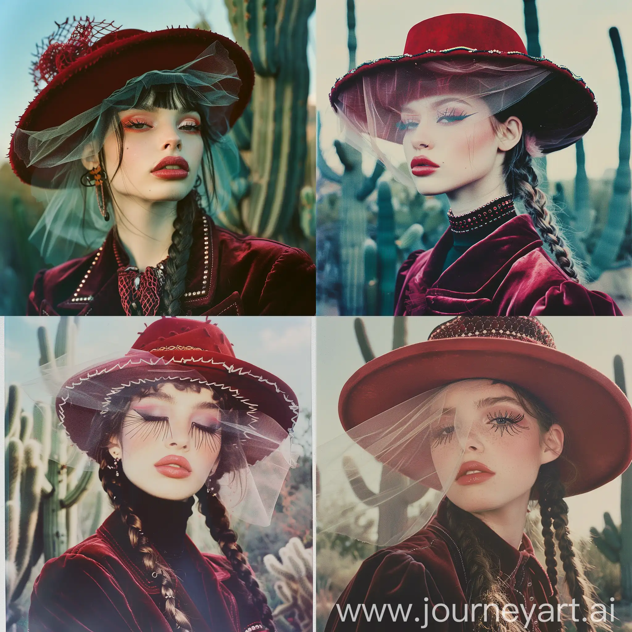 ⠀ ⠀⠀⠀ ⠀⠀⠀ beautiful rave girl, Balenciaga model, бархатная куртка, красная шляпа гаучо с прозрачной вуалью, косы,длинные ресницы, пухлые губы, детальная прорисовка глаз, внимание к деталям, film grain, высокое качество, на фоне кактусы, vogue fashion illustration, cinematic, photo taken with provia, Polaroid, 1/250s, f/2.8, ISO 100