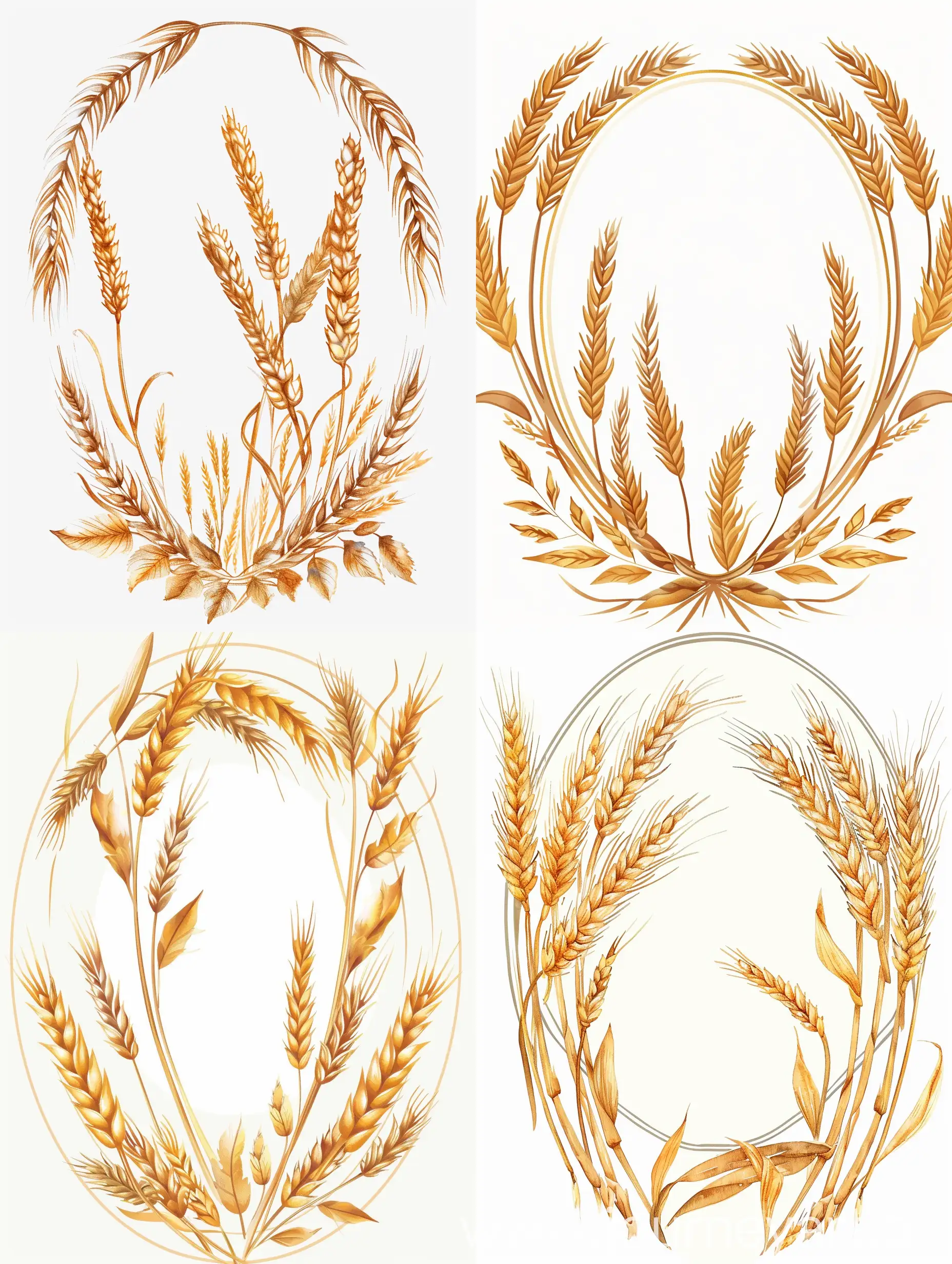The frame is oval, ornamental, consisting of intertwined wheat spikelets, with long wheat leaves, natural elements of a wheat field, on a white background, flat illustration, watercolor style