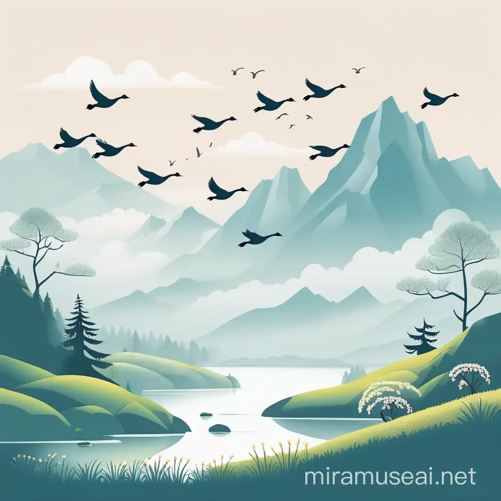 Spring Geese Migration Tranquil Mountain Mist Illustration