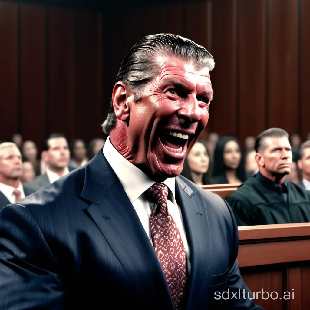 vince mcmahon in court, laughing on the stand. Jury and crowd in background looks scared of him. ultra realistic. 8k.