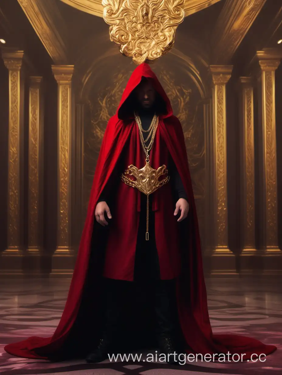 парень стоит в алом плаще с капюшоном на голове, золотая цепь держит плащ, тронный зал волшебство фэнтези