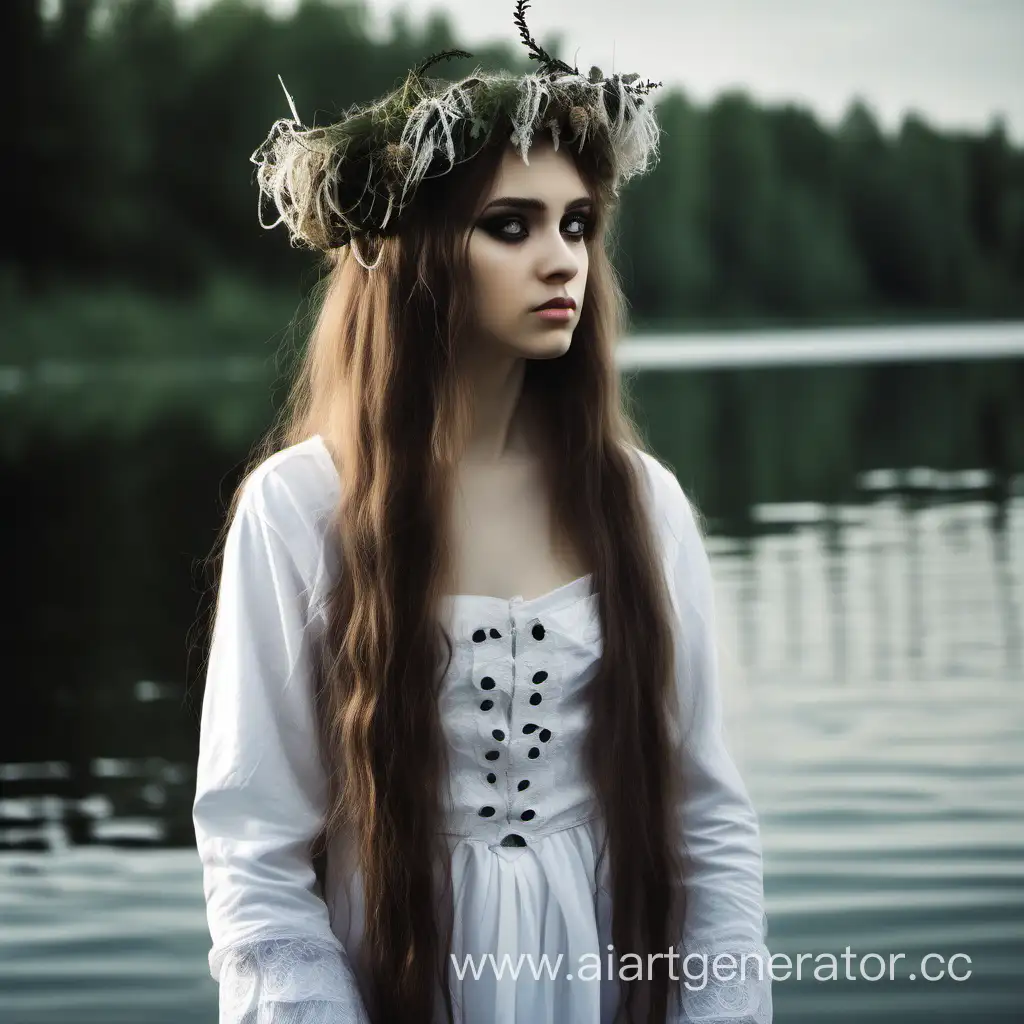 русская девушка с распущенными запутанными волосами и длинными ресницами, стоит около озера с венком на голове, в белом сарафане. стиль готика, смотрит сбоку