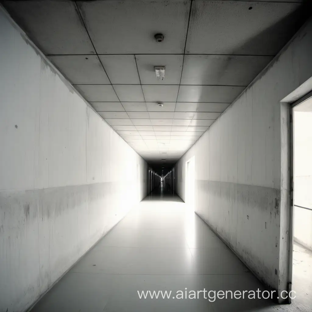 Бесконечный коридор с потолком и полом из бетона серого цвета, и стенами белого цвета снятый на старую камеру.