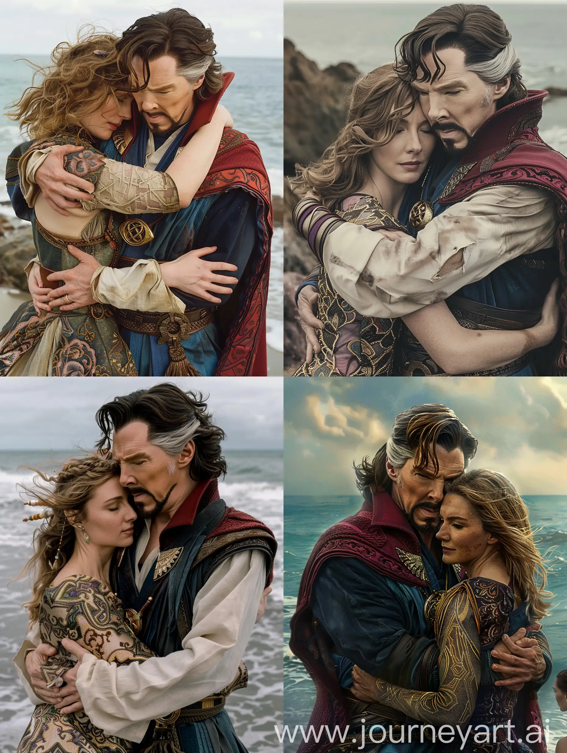 Doctor Strange, shoulder length hair,  pirate shirt open, exposing chest, brocade vest, hugging a woman near the sea
