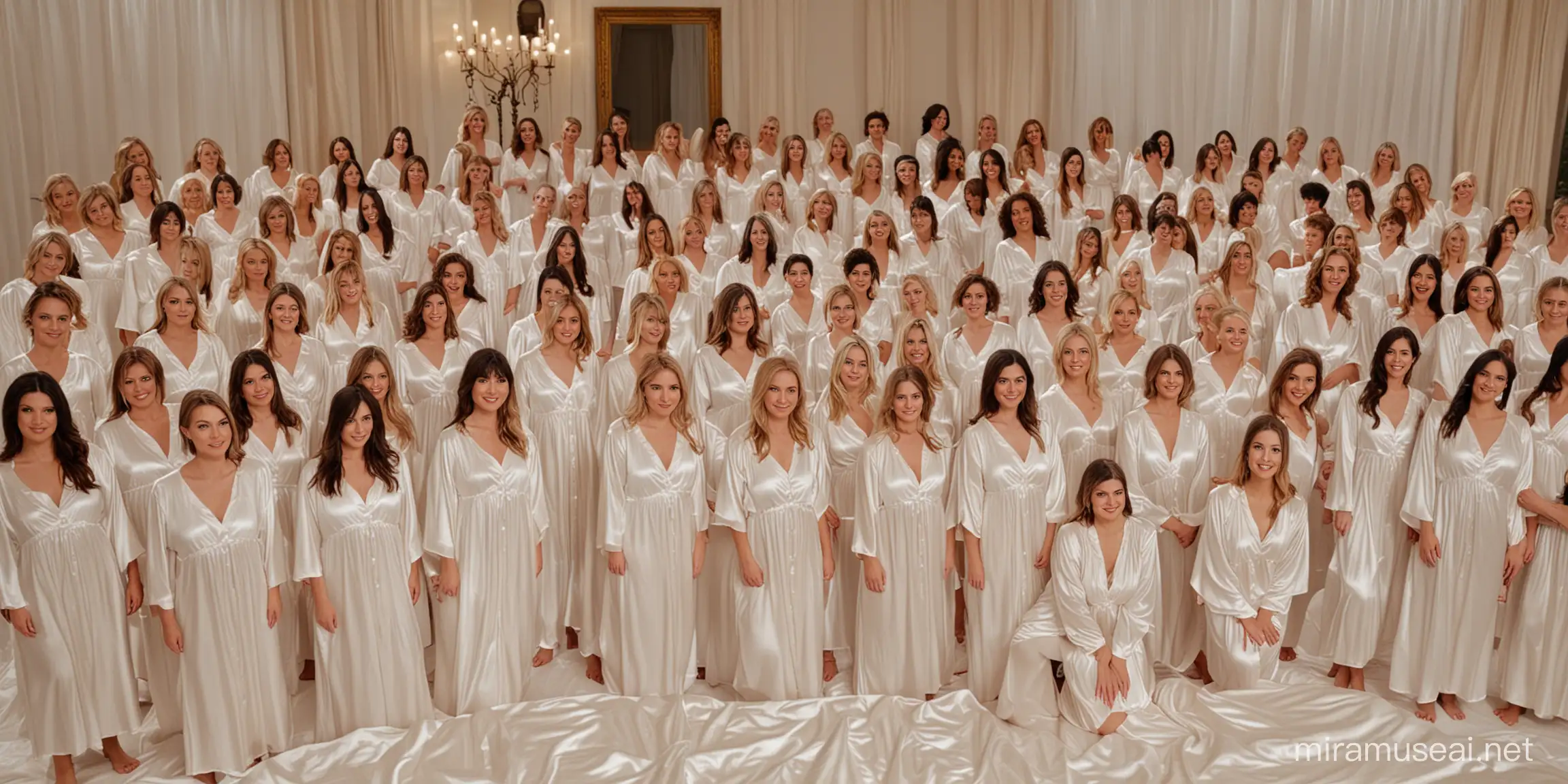 30 women in creamy white satin nightgowns stand in 10 rows on a huge satin bed look you