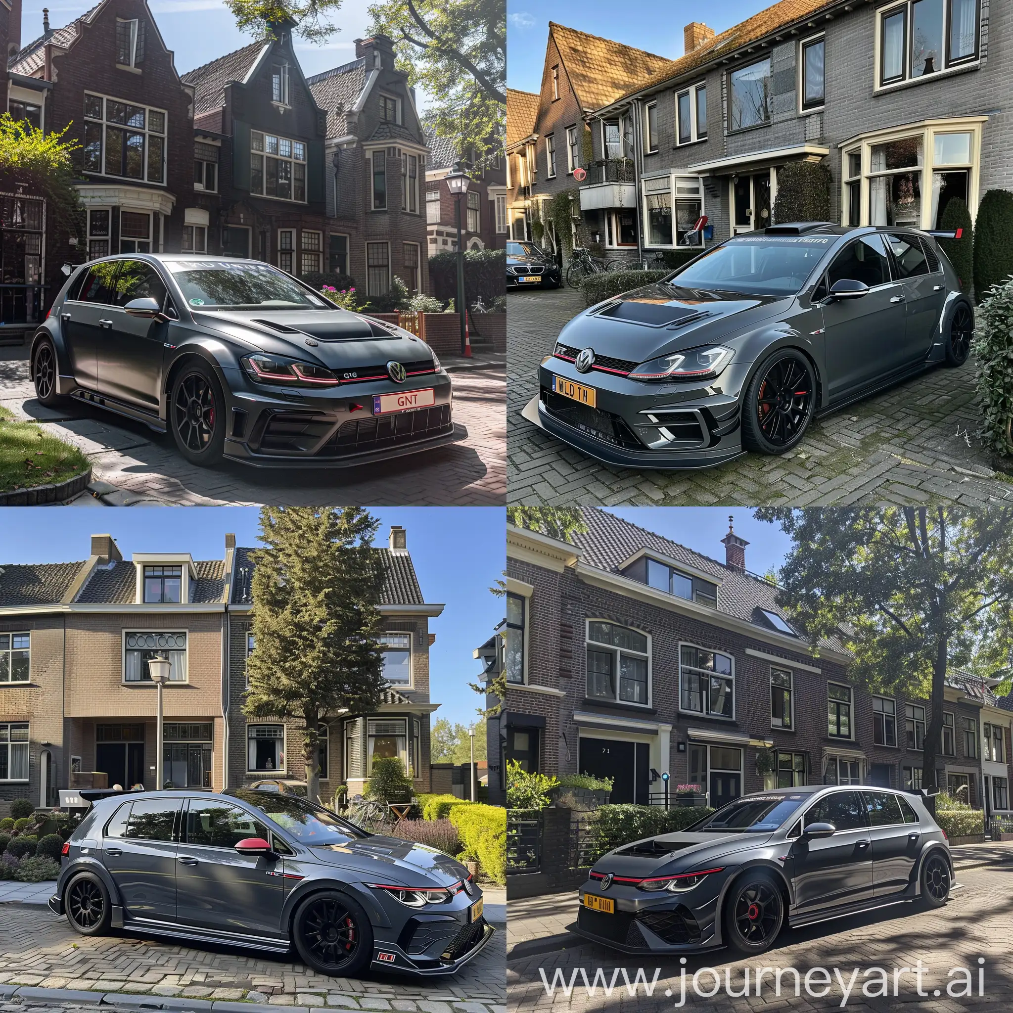 Instagram Pinterest style photo van golf mk7 gti tcr 2019 in donker grijs met zwarte orgineel velgen voor zijn huis geparkeerd in Utrecht voor zijn rijtjeshuis middag met zon vibe