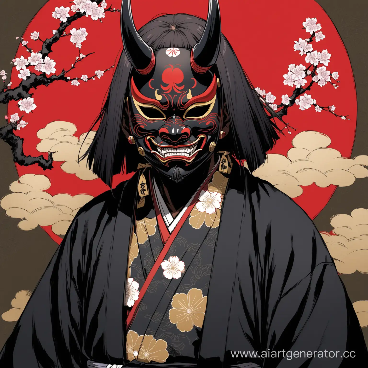 Young-Black-Samurai-in-Hannya-Mask-with-Japanese-Symbols