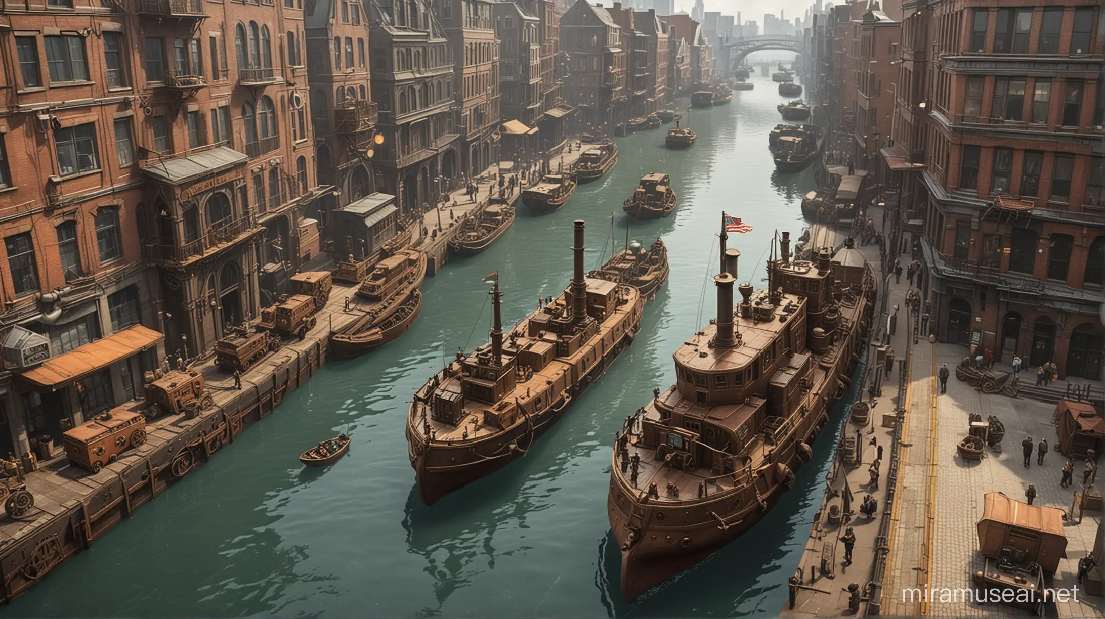 a big steampunk barge tows three smaller steampunk barges through the wide channel in the center of a stampunk city. view from a high building.