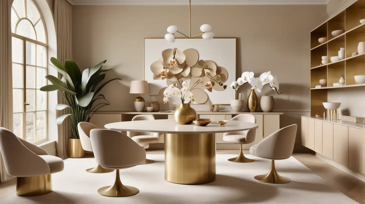 a Hyperrealistic image of a design firm large open workspace; beige round dining table with beige swivel dining chairs with brass arms and legs; limestone plinth with brass vase of faux orchids; built in light oak and brass wall display shelving units; curved beige rug; beige, light oak, brass, ivory colour palette palette