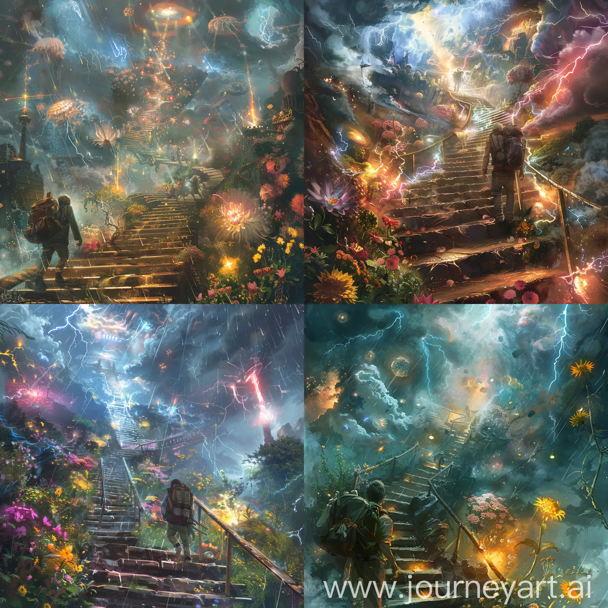 Courageous-Ascent-Man-Climbing-Staircase-in-Mystical-Landscape