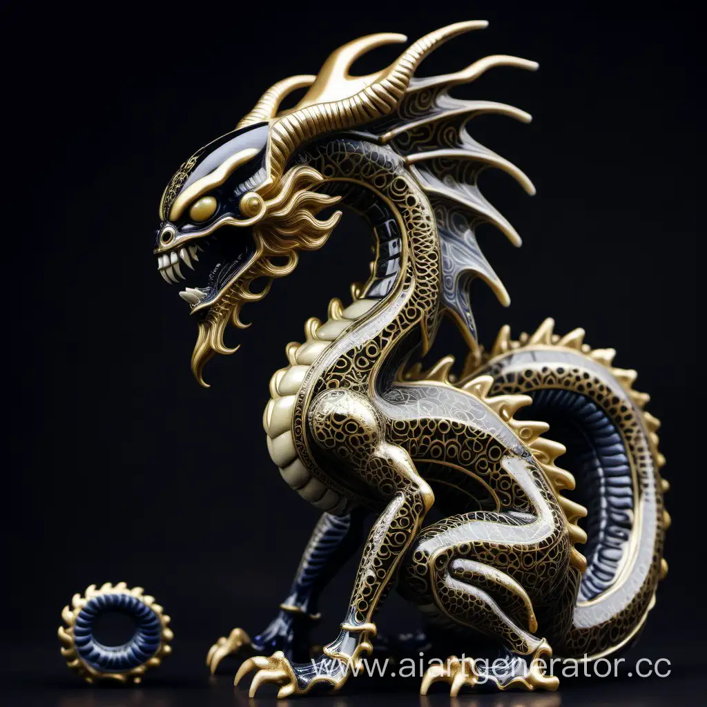 ксеноморф чужой в виде статуэтки  фарфорового китайского дракона с черно-золотым узором
