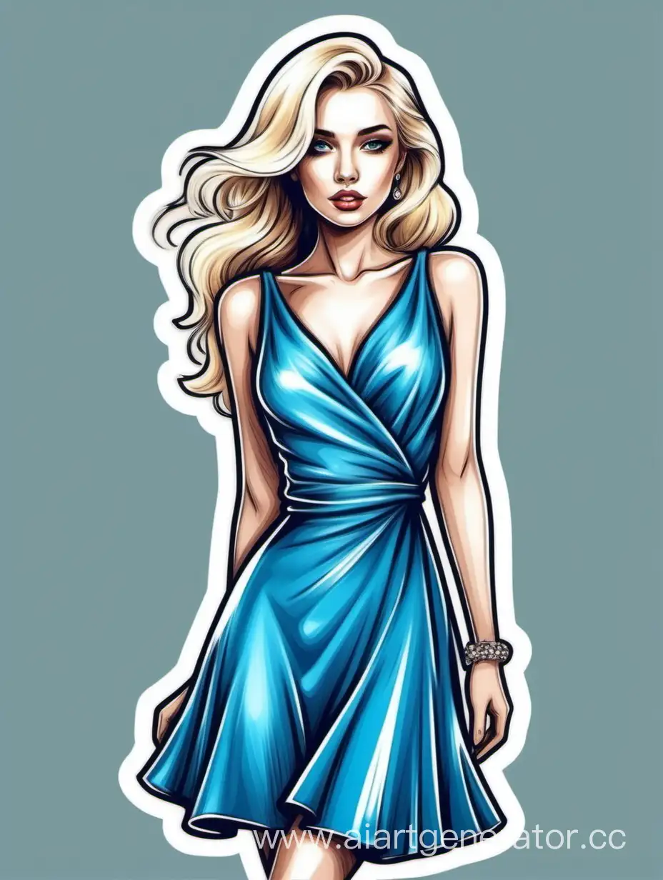 Stylish-Blonde-Girl-in-Blue-Dress-Creating-Fashionable-Art-Sticker