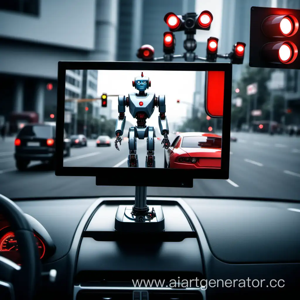 Робот смотрит в монитор на котором едет автомобиль на красный свет