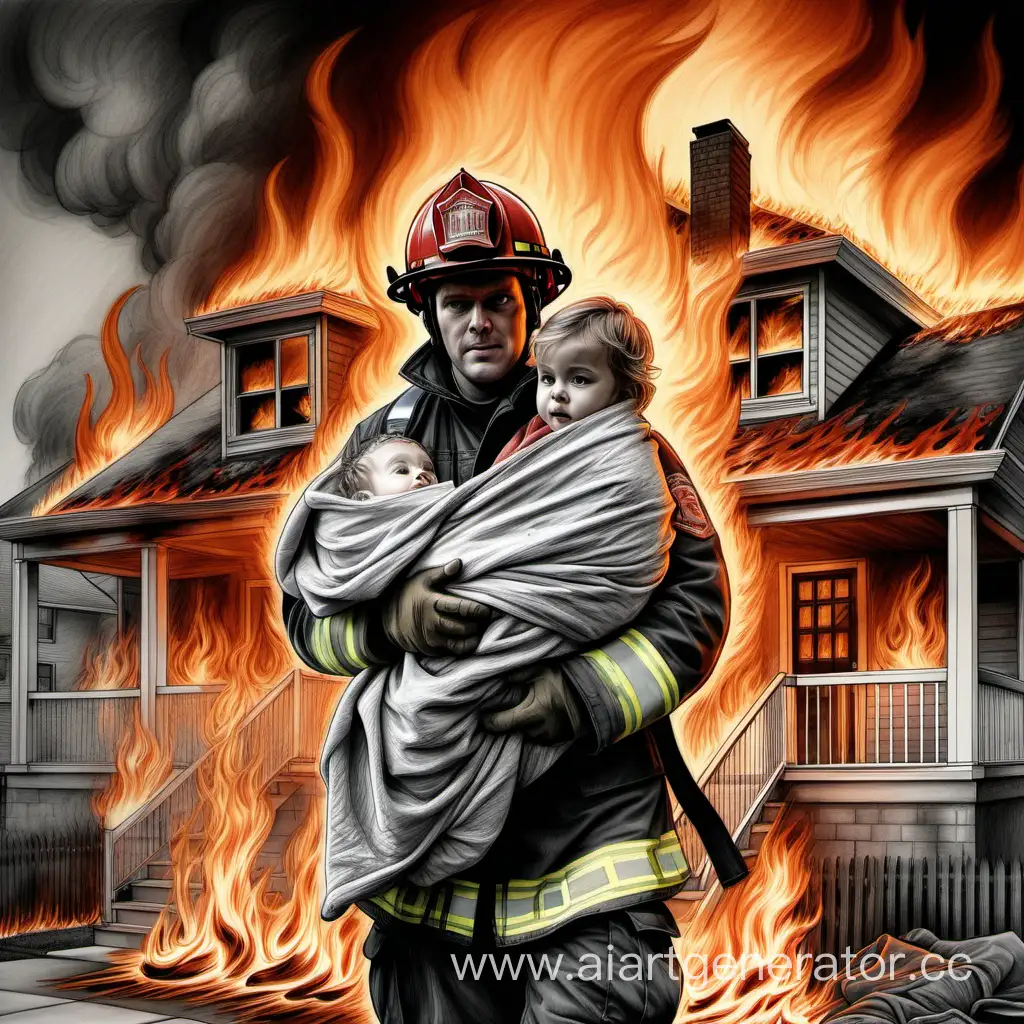пожарный выносящий на руках маленького ребенка завернутого в одеяло из объятого пламенем дома детализированный рисунок профессионального художника