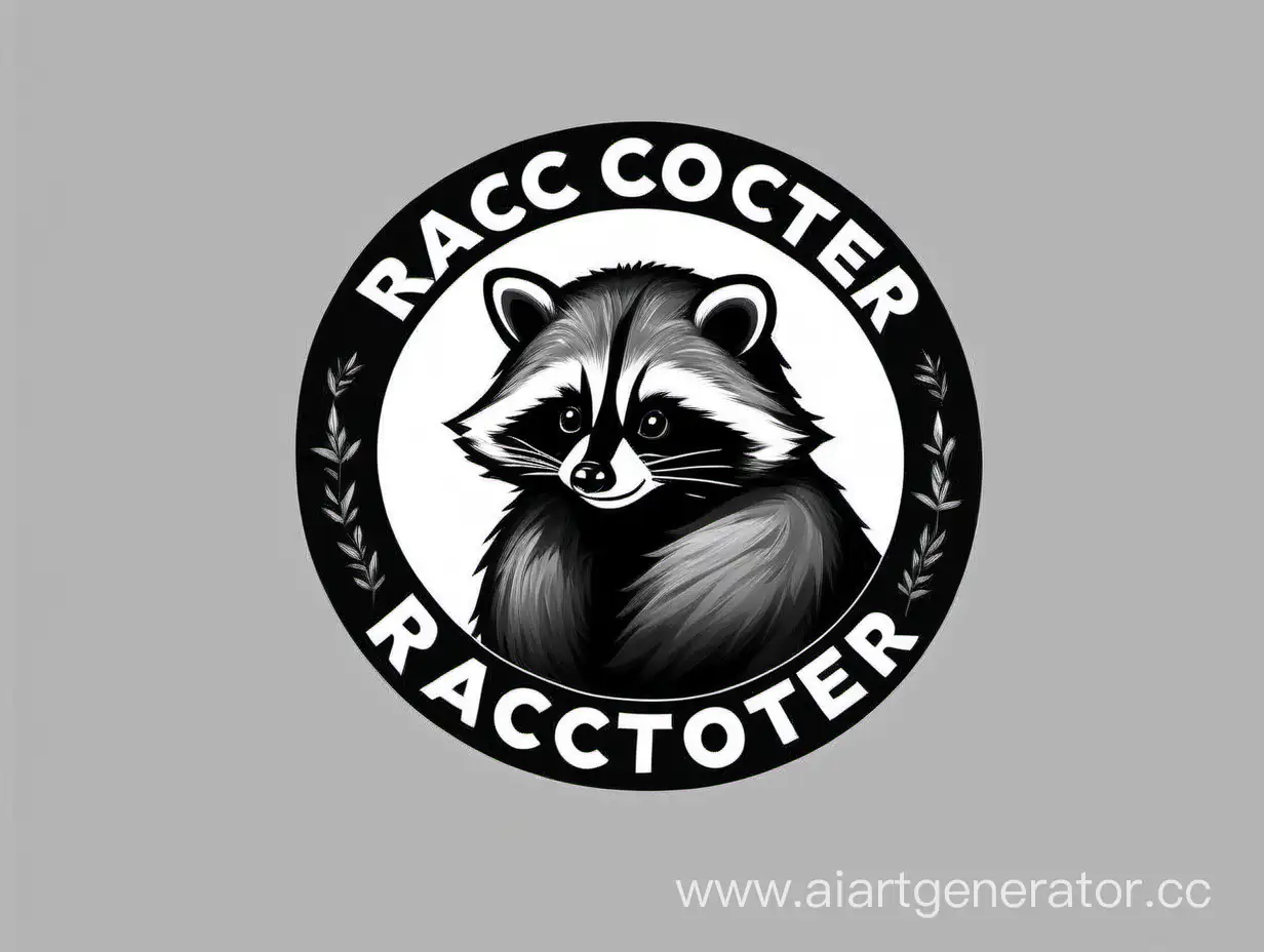 Сделай логотип для фирмы по продаже одежды, на нем должен быть изображен енот в чёрно-белом стиле, в низу текст в форме полукруга текст:RACOTTER