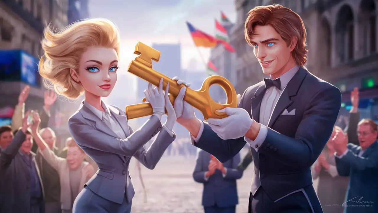 Short blonde woman with blue eyes being handed the giant key to the city by a tall man with wavy brown hair and blue eyes