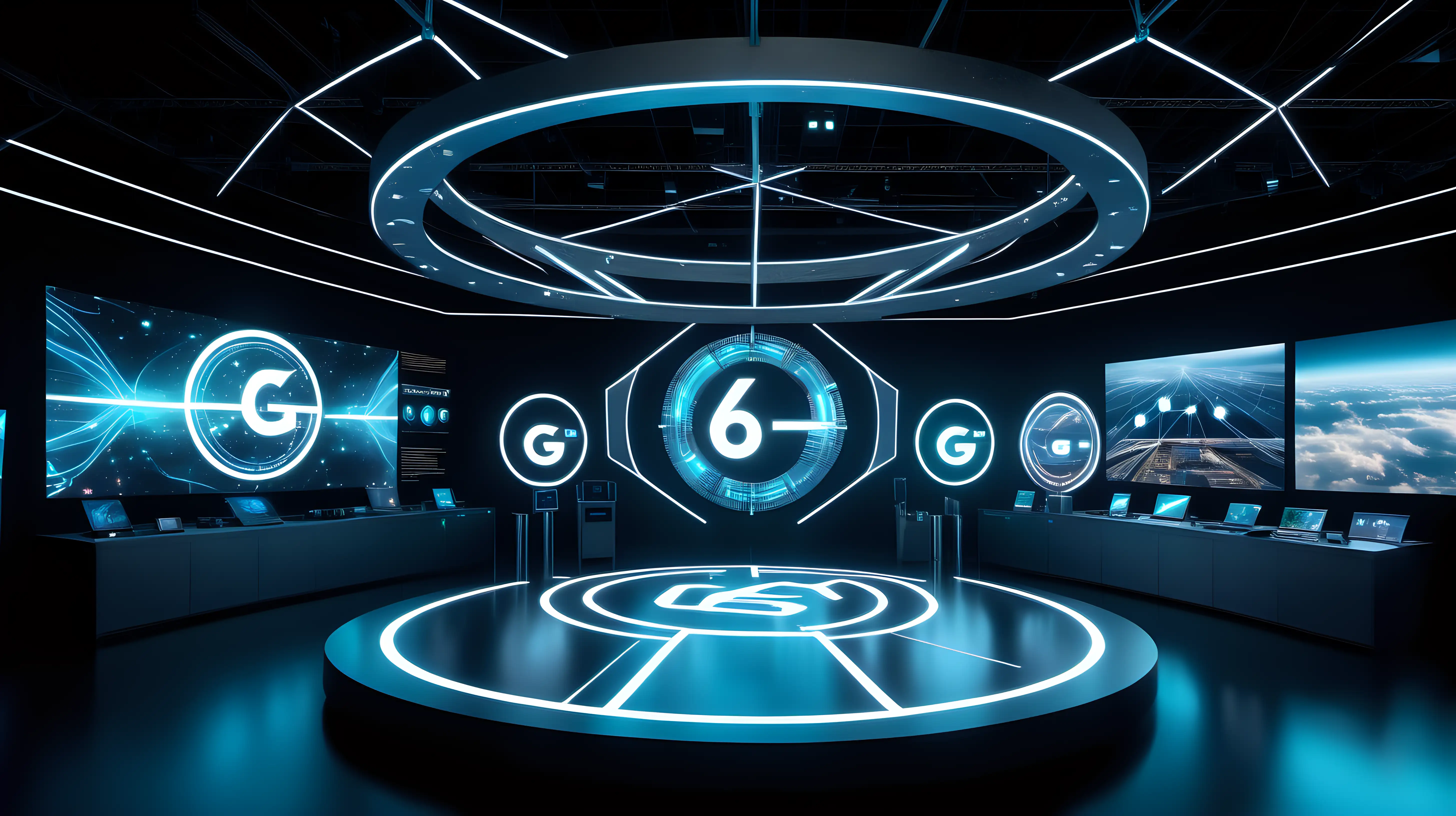 Futuristic 6G Communication Hub with Holographic Displays and Drones