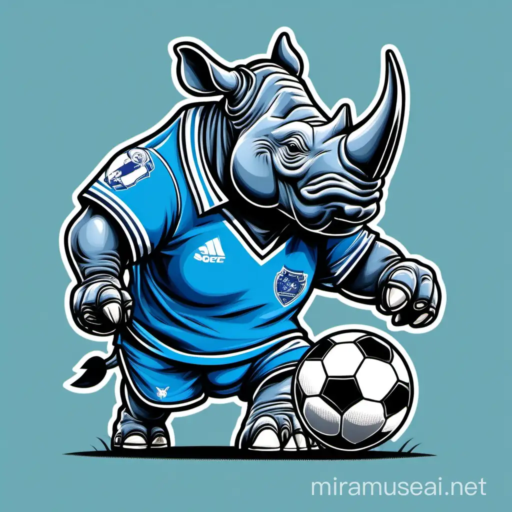 Cartoon Rhino Playing Soccer in Grey and Blue Uniform TShirt Design