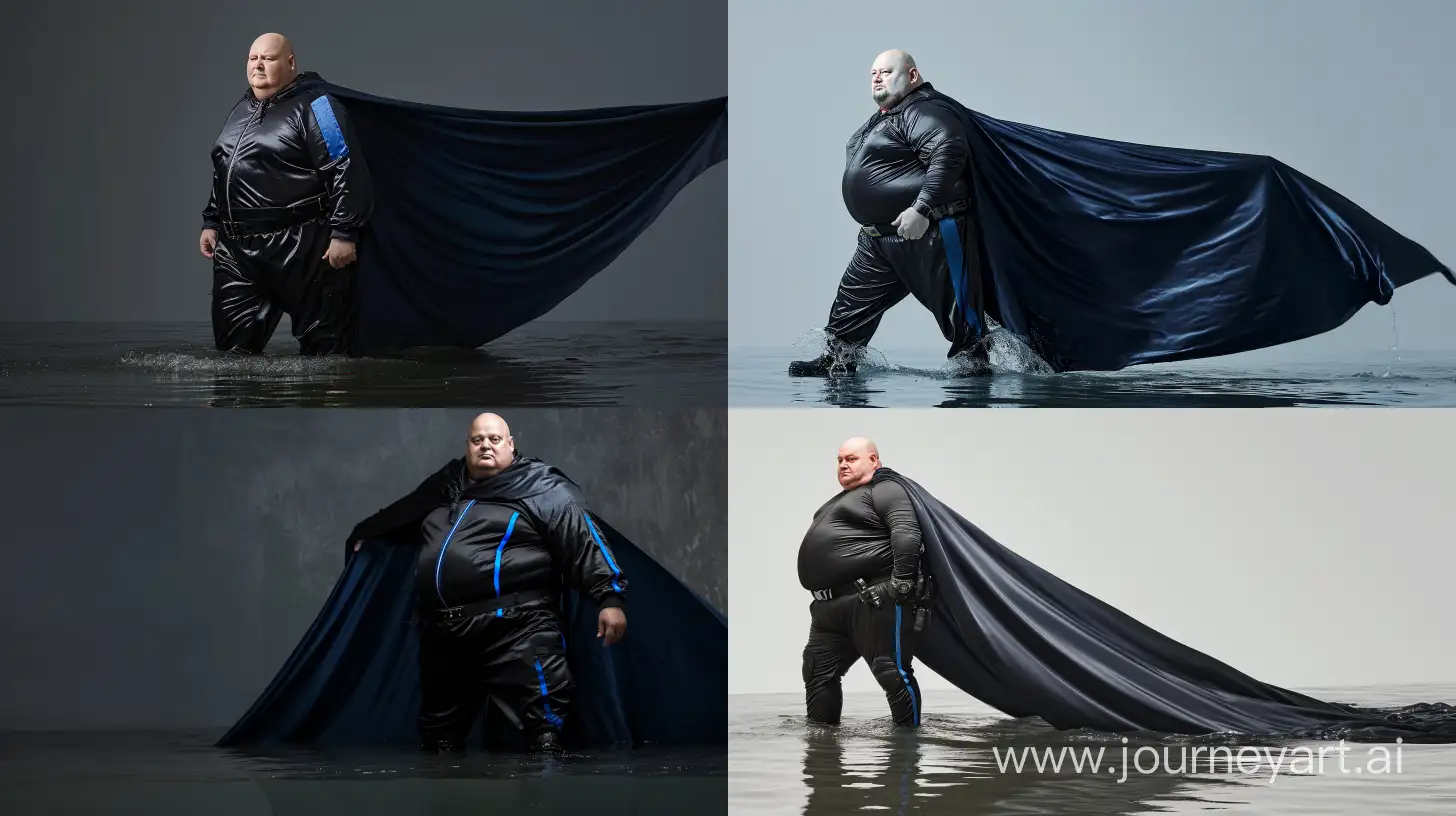 Portrait photo of a chubby man aged 70 wearing a silky black tracksuit. Royal blue vertical stripe on the side of the pants. He has a black tactical belt. He has a heavy big and long navy blue silky cape. Black Hiking Boots. He is 2 meters deep in water. Bald. Clean Shaven. --style raw --ar 16:9 --v 6