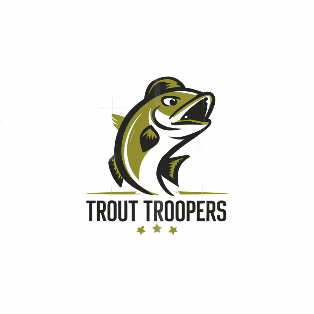 a logo design,with the text "Trout Troopers", main symbol:A trout with a army helmet on,Minimalistic,clear background