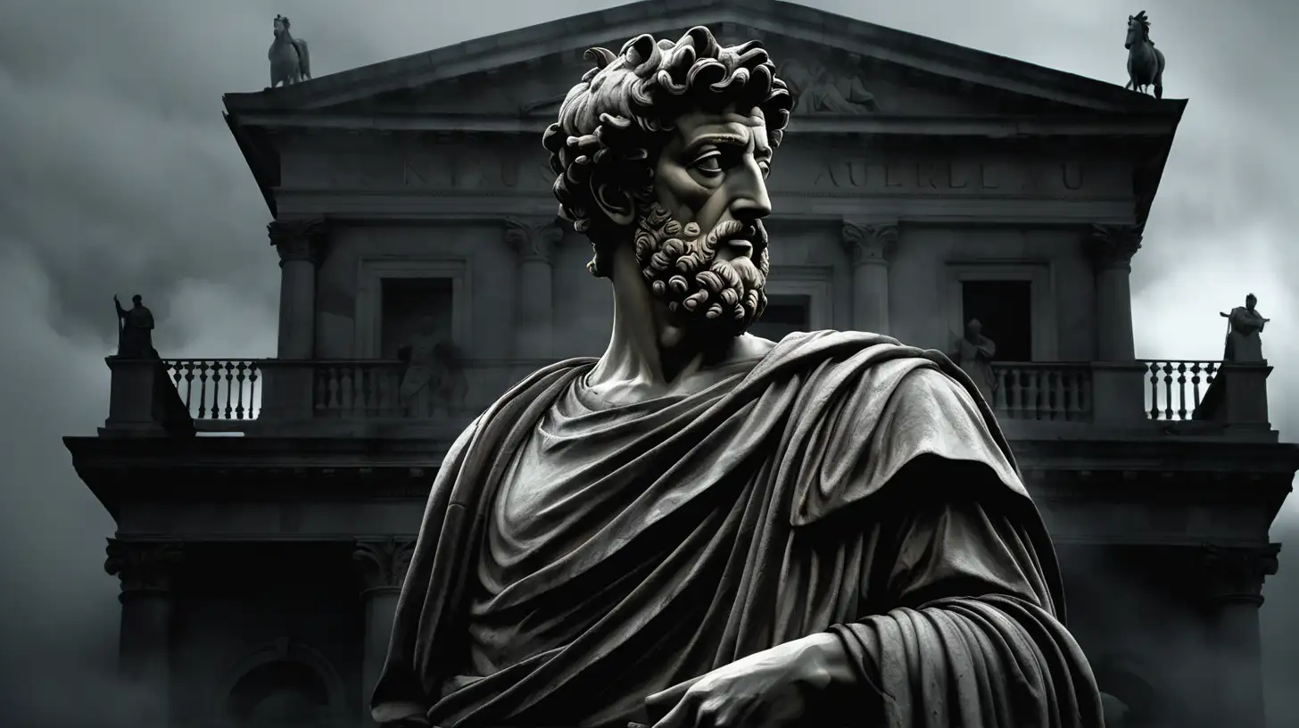 "Create an atmospheric digital painting depicting a half-body statue of Marcus Aurelius outside a dark palace setting. The background should be enveloped in shadows, with a mysterious fog swirling around the statue. Capture the essence of ancient wisdom and stoicism in the dimly lit ambiance, bringing out the details of the statue while maintaining an overall dark and haunting tone.""Create an atmospheric digital painting depicting a half-body statue of Marcus Aurelius outside a dark palace setting. The background should be enveloped in shadows, with a mysterious fog swirling around the statue. Capture the essence of ancient wisdom and stoicism in the dimly lit ambiance, bringing out the details of the statue while maintaining an overall dark and haunting tone."