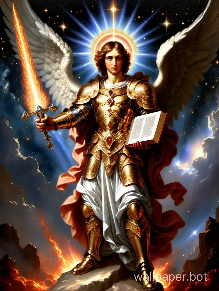 male angel, with a sword of fire, showing a bible to camera, galactic background, illuminated angel's head, ornate and hyper-detailed diamond short armor, masterpiece, religious painting