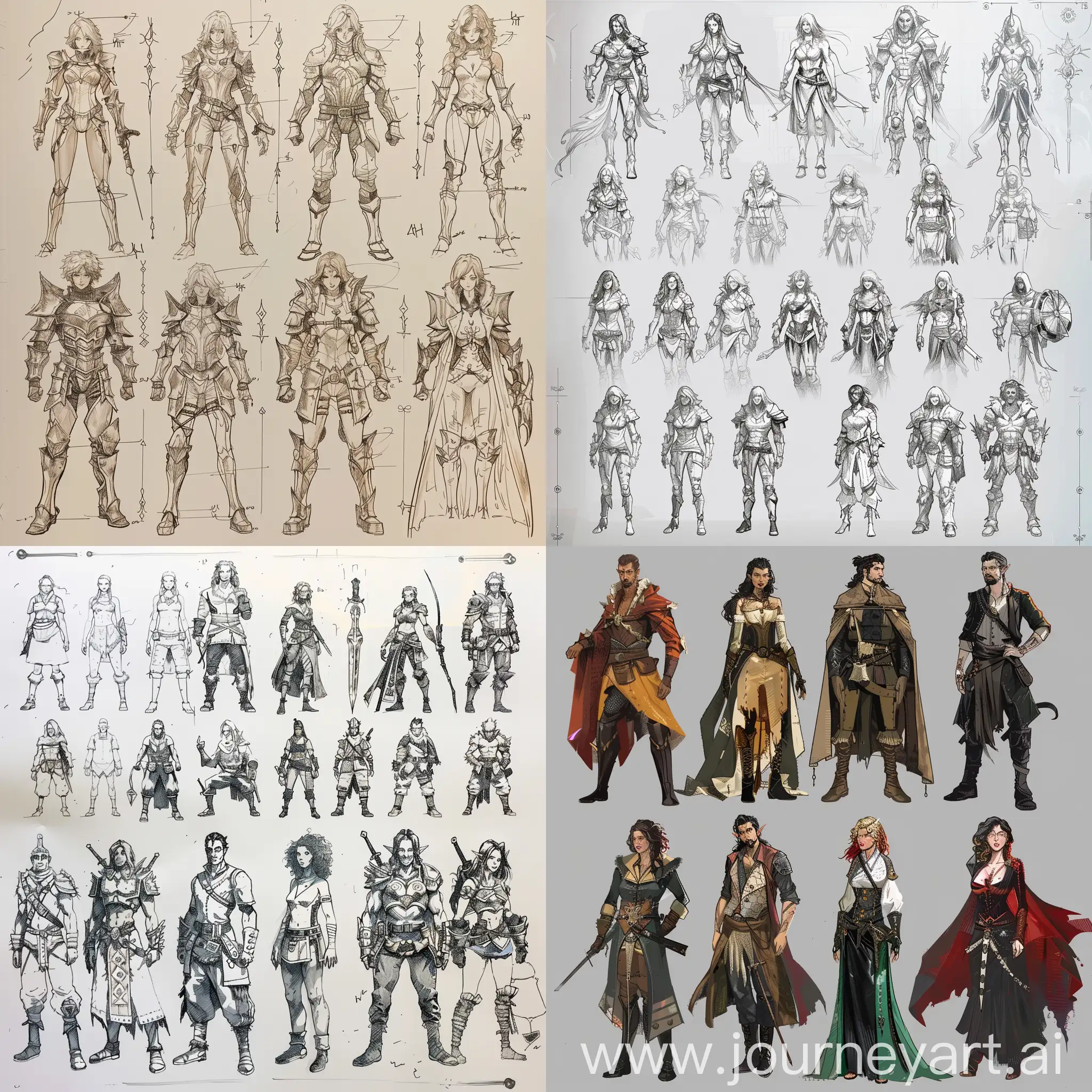  original characters multiple, full body character sheet. creative, different from each other, fantasy. 