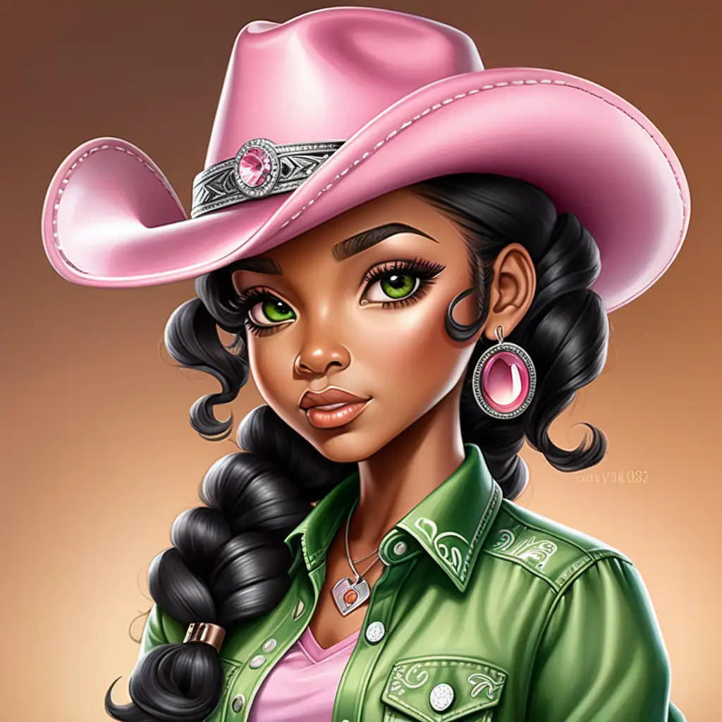 Envision a hyper-realistic chibi-style, air brushed illustration, portrayal featuring a strikingly beautiful caramel- skinned, African American woman, This detailed depiction showcases her portrait, half length, direct gaze, with impeccable makeup, long lashes, beautiful lips, and eye-catching black loose wavy hair in a side ponytail, wearing a black cowboy hat, a pink and green button up western shirt,  shirt, bling jewelry, Meticulous attention to intricate details, Transparent background