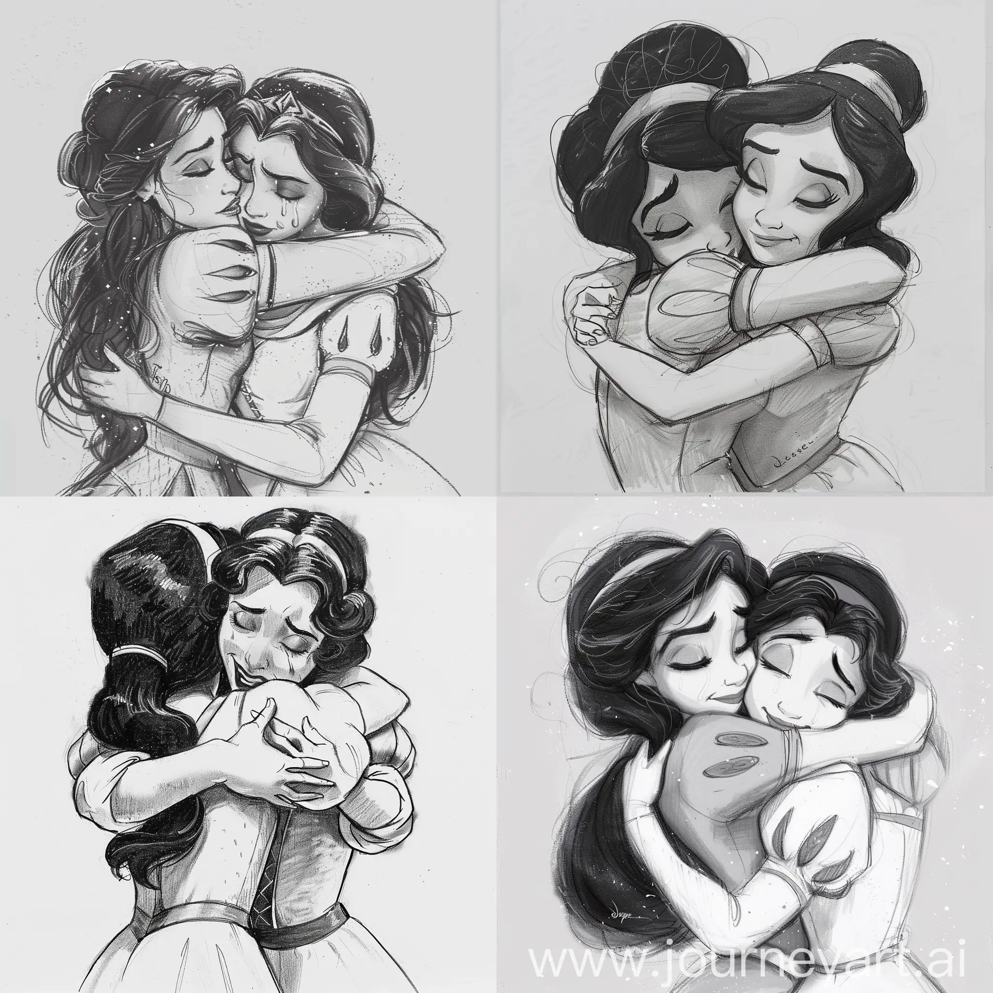 Lesbians princess jasmine happy hug princess snow white very crying hug drawing disney 1937s and back view sleeve short 